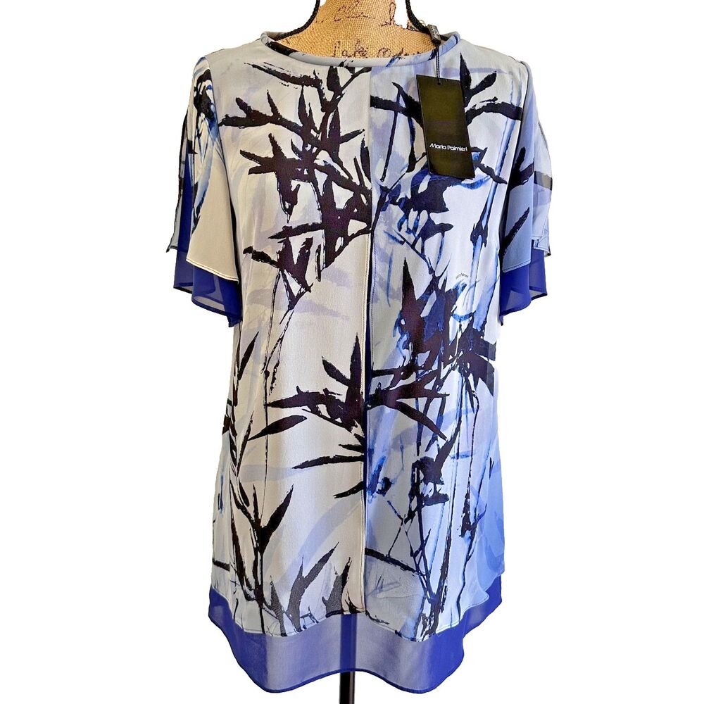 Marta Palmieri Women's Blue Bamboo Print 2-Layers Silk Blouse Tunic Top Sz 44/8